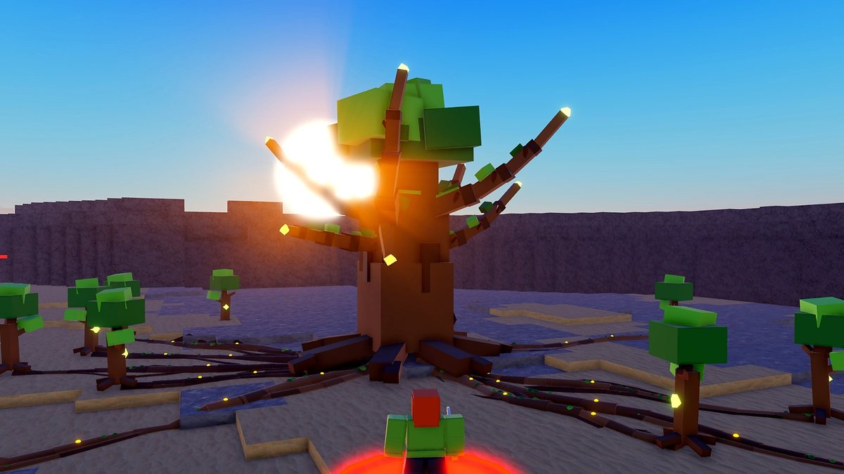 A player faces the Root Warden, a giant tree boss, with the setting sun behind it.