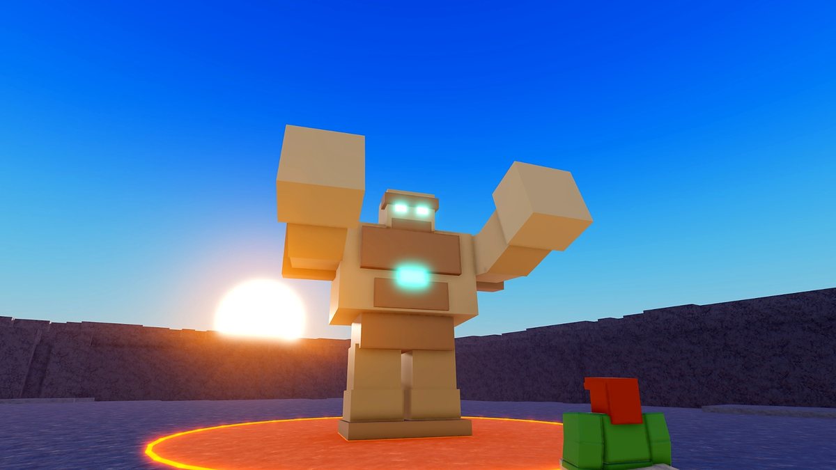 The Tomb Colossus raises both fists for a ground slam, the sun low behind it.